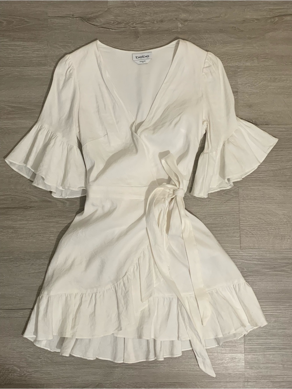 bebe Ivory Wrap Mini Dress with Ruffle Sleeves